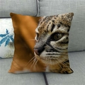 Detail of a square linen pillow cover featuring a high-definition leopard cat face print - 18x18 Inch / Leopard Cat Face Closeup (14)