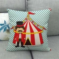 Close-up of linen cushion cover with cartoon circus tent and ringmaster pattern - Ringmaster and Tent (7)