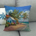 Decorative square linen cushion cover featuring a colorful summer beach oil painting - 18x18 Inch / Mediterranean Blue House Sea Style (12)