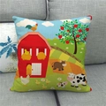 Detail of cartoon farm pillowcase with cow and barn print on linen fabric texture - Cartoon Farm World (12)