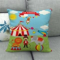 Detail of linen pillow cover with circus tent and cartoon lion on a gray sofa - Circus Carnival Mix (13)