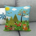 Detail of linen pillowcase featuring a cute forest fox and rabbit cartoon print on a sofa - Forest Fox and Rabbit (16)
