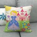 Cartoon princess and castle pattern linen throw pillowcase on a grey fabric sofa - Blue Princess Castle (15)