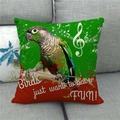 Λινή μαξιλαροθήκη με παπαγάλο ακουαρέλα και νότες σε γκρι καναπέ - 45x45cm / Στυλ Μουσικές Νότες Παπαγάλου (1)