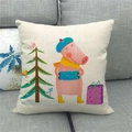 Close-up of linen pillowcase featuring a pink cartoon pig in a blue hat on a gray sofa - Pink Cartoon Pig (5)