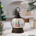 Dettaglio lanterna di Natale vintage in bronzo con albero festivo ed effetto neve glitter - Albero di Natale