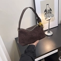 Dark brown crescent shoulder bag in mixed suede and smooth faux leather with gold chain detail - Brown