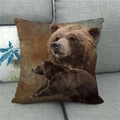 Linen pillow cover with realistic brown bear and cub wildlife print on a grey sofa - Brown Bear And Cub (6) / 45x45cm