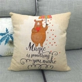Close-up of linen pillow cover featuring a cute cartoon bear and motivational quote - Brown Bear Red Heart Style (13)