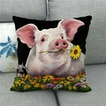 Detail of pink pig and colorful daisies floral pattern on linen decorative pillowcase - Pink Pig With Flower (12) / 45x45cm
