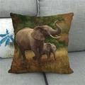 Detailed macro view of linen texture and elephant oil painting print on square cushion cover - Elephant Mother and Baby Oil Painting Style (12)