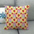 Detailed texture of yellow linen pillowcase with purple dinosaur and strawberry patterns - 45x45cm / Bright Yellow Purple Dinosaur Strawberry