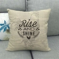 Close-up of linen pillowcase with rooster silhouette and Rise AND SHINE print - 18x18 Inch / Rise And Shine Rooster (3)