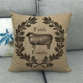 Close-up of linen pillow cover with sheep design and Faith Family text on a grey sofa - 18x18 Inch / Faith And Family Sheep (4)