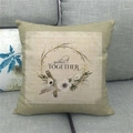 Linen decorative pillow cover with flower wreath design and gather TOGETHER text - gather TOGETHER White Floral Feather