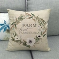 Detailed texture of linen pillowcase with floral wreath and Farm Sweet Farmhouse print - FARM Sweet FARMHOUSE Vintage Farm