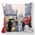 Detailed oil painting print of London red bus and telephone booth on square pillowcase - 18x18 Inch / London Bus Street View (3)