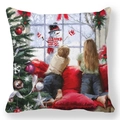 Detailed Christmas pillowcase featuring children by a festive tree and snowman artwork - 18x18 Inch / Children Watching Snow (4)