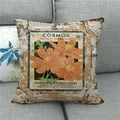 Close-up of vintage flower linen pillowcase with cosmos print and rustic seed store design - 18x18 Inch / Cosmos Seed Store (3)