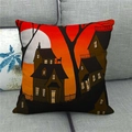Detailed texture of rustic linen pillowcase featuring a Halloween moon and house silhouette - Halloween Theme (1)