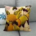 Linen pillowcase with rustic country town oil painting on grey sofa background - Pastoral Landscape (3)
