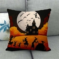 Detail of Halloween silhouette pillowcase on a grey sofa showing the linen fabric texture - Halloween Castle Witch (5)