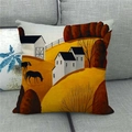 Linen decorative pillow cover with oil painting style countryside autumn scenery and black horse - Warm Country Oil Painting (6)