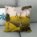 Close-up of rustic oil painting style linen cushion cover on a grey sofa fabric - Kite Flying Illustration (7)