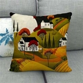 Macro view of linen pillowcase featuring a rustic countryside oil painting art style - Village with Red Trees (16)