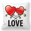 Close-up of white peach skin cushion cover with red hearts and With Love text - Double Heart Vine Art (15)