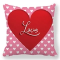Close-up of pink peach skin pillowcase with red heart and script Love typography - Pink Dots Large Central Heart (19)