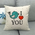 Linen Valentine's Day throw pillow with cartoon bird and heart on a gray sofa - 18x18 Inch / Blue Bird Heart Style (1)