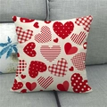 Linen blend throw pillow cover with red heart patterns on a gray fabric sofa - Red and White Plaid Polka Dot Heart Style (13)