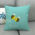 Detail of mint green linen pillow case with cartoon bees and Happy Valentine's Day text - 18x18 Inch / Cyan Bees Flight Path Style (8)