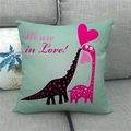 Macro view of linen pillow cover featuring cartoon dinosaurs and We are in Love text - 18x18 Inch / Cyan Dinosaur Love Confession Style (18)