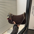 Retro dark coffee suede shoulder bag with cherry charm and gold chain detail - Brown