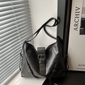 Retro black oversized motorcycle tote bag with distressed faux leather and belt buckles - Black