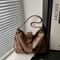 Brown large capacity PU leather hobo bag with vintage buckle and adjustable strap - Brown