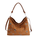 Dark brown suede hobo bag with stylish silver metal eyelets and adjustable strap - No Pendant / Brown