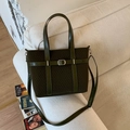 Olive green vintage suede tote bag with leather handles and metallic buckle for women - Black