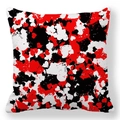 Macro shot of square peach skin pillowcase with red black and white abstract splash pattern - Red Black White Abstract Collage Style (6)