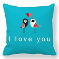 Detail of cyan bird illustration and I love you print on square peach skin pillowcase - 45x45cm / Cyan Minimalist Staring Birds Style (17)