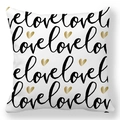 Macro detail of white peach skin pillowcase with black love script and gold hearts - 45x45cm / Simple Artistic Golden Heart LOVE Style (25)
