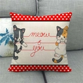 Linen Valentine's Day cushion cover with meow & you cats illustration on beige background - 18x18 Inch / Double Cats Meow & You Style (22)
