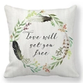 Detail of peach skin pillowcase with Love will set you free text and floral wreath - Watercolor Wreath With Love Quote Style (5) / 18x18 Inch