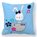 Detail of blue peach skin pillowcase with cartoon rabbit, love tag and floral pattern - Light Blue Background Rabbit With Balloons Style (13) / 18x18 Inch