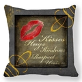 Close-up of red lip print and golden text on grey peach skin fabric pillowcase - Dark Grey Lip Print With Gold Decor Words Style (18) / 18x18 Inch