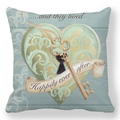 Detail of peach skin pillowcase with vintage heart, key, and 'Happily ever after' text - Light Blue Wood Grain Vintage Key And Heart Style (19) / 18x18 Inch