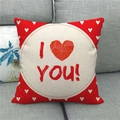 Red linen Valentine's Day pillow cover with heart pattern and I Love You text on sofa - Red Heart Polka Dot Style (4)