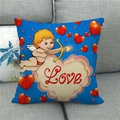 Housse de coussin en lin bleu avec ange Cupidon et cœurs rouges avec texte Love - 45x45cm / Style Cupidon Bleu Lumineux (20)